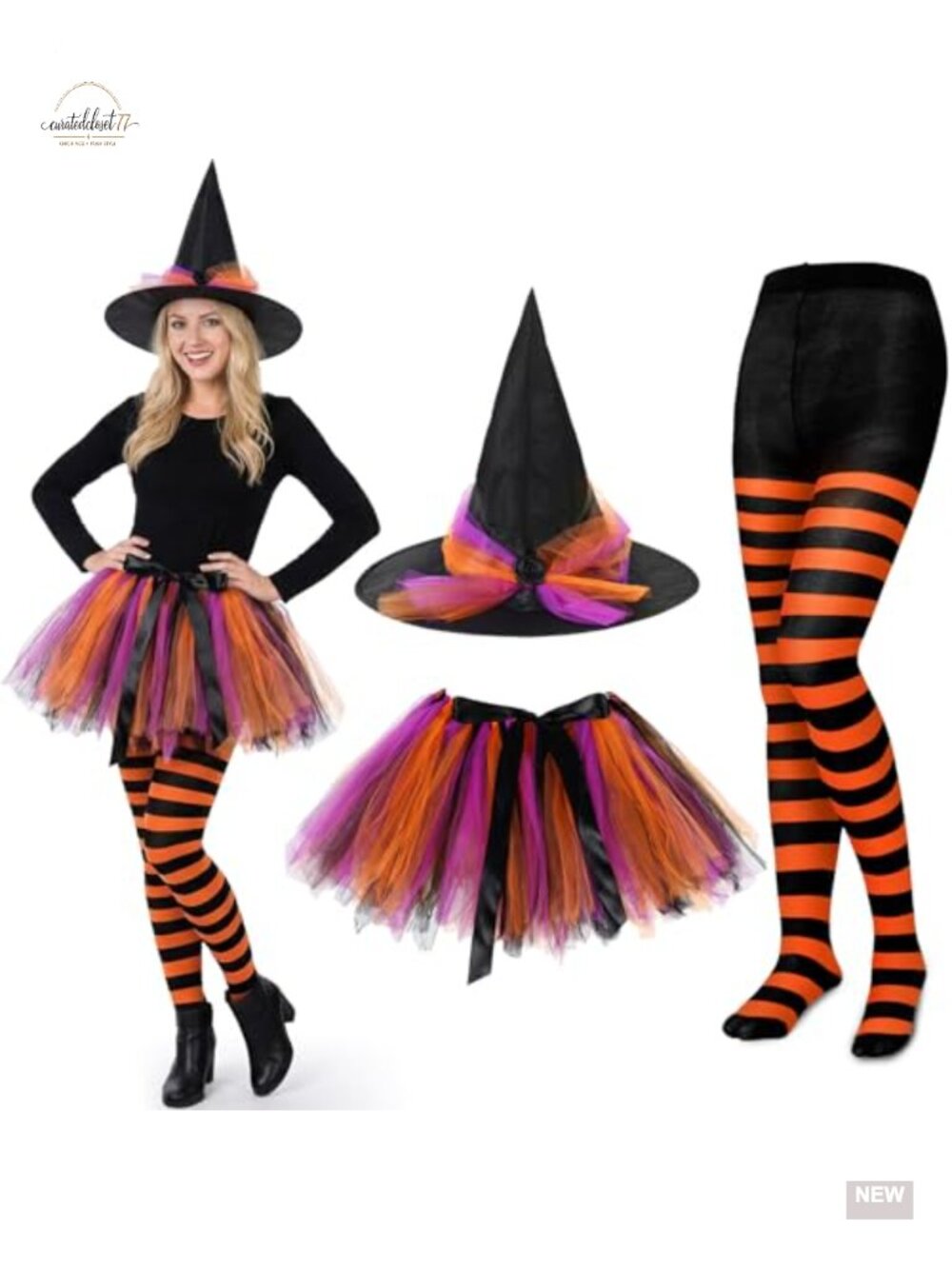 SATINIOR Halloween Witch Costume Set Tutu Skirt Hat Striped Tights